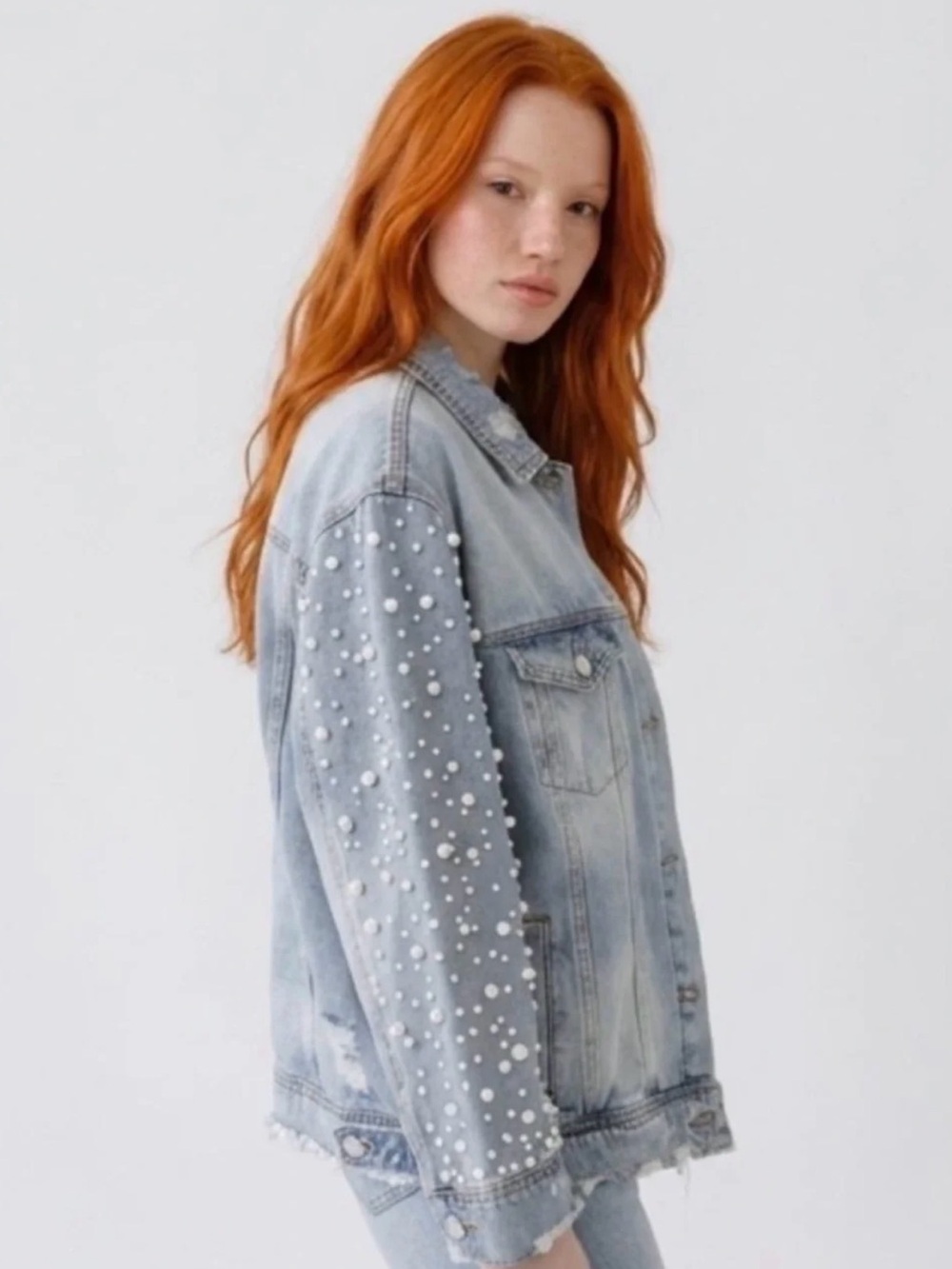 Sunset + Spring Oversized Distressed Denim Jacket Faux Pearl Detail